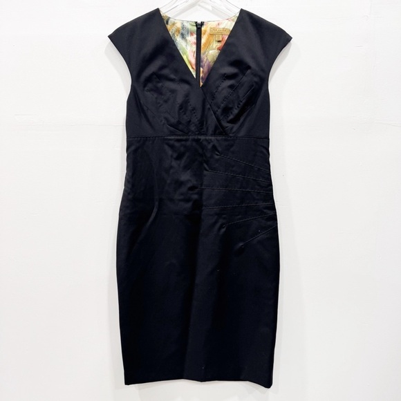 Ted Baker Black Side Pleated Wool Blend Sheath Dress - Picture 1 of 10